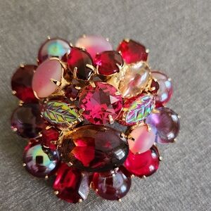 Julianna Red Rhineston3, Molded Glass, Coated Glass And Brass Brooch Circa 1960s